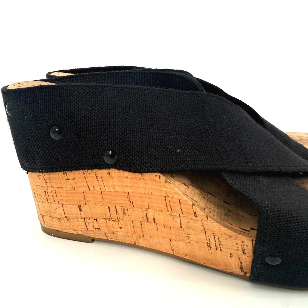 Lucky Brand Miller Black Canvas Cork Wedge‎ Sandals Platform Slides 6.5M